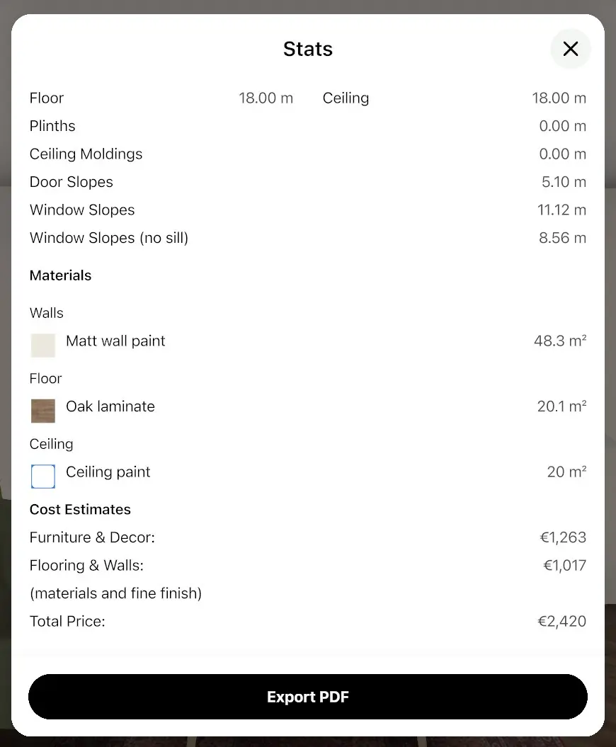 Cost Estimates block in Home Planner Stats with furniture and decor, flooring and walls and the total price of the room