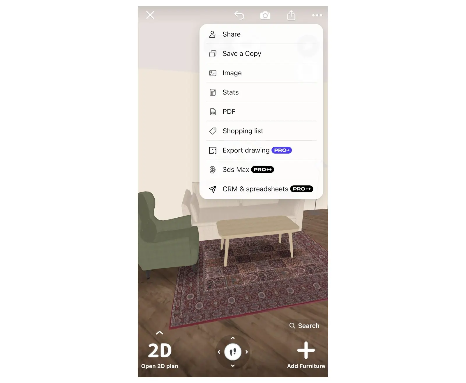 Share menu of a Home Planner project with Share, Save a Copy, Image and PDF
