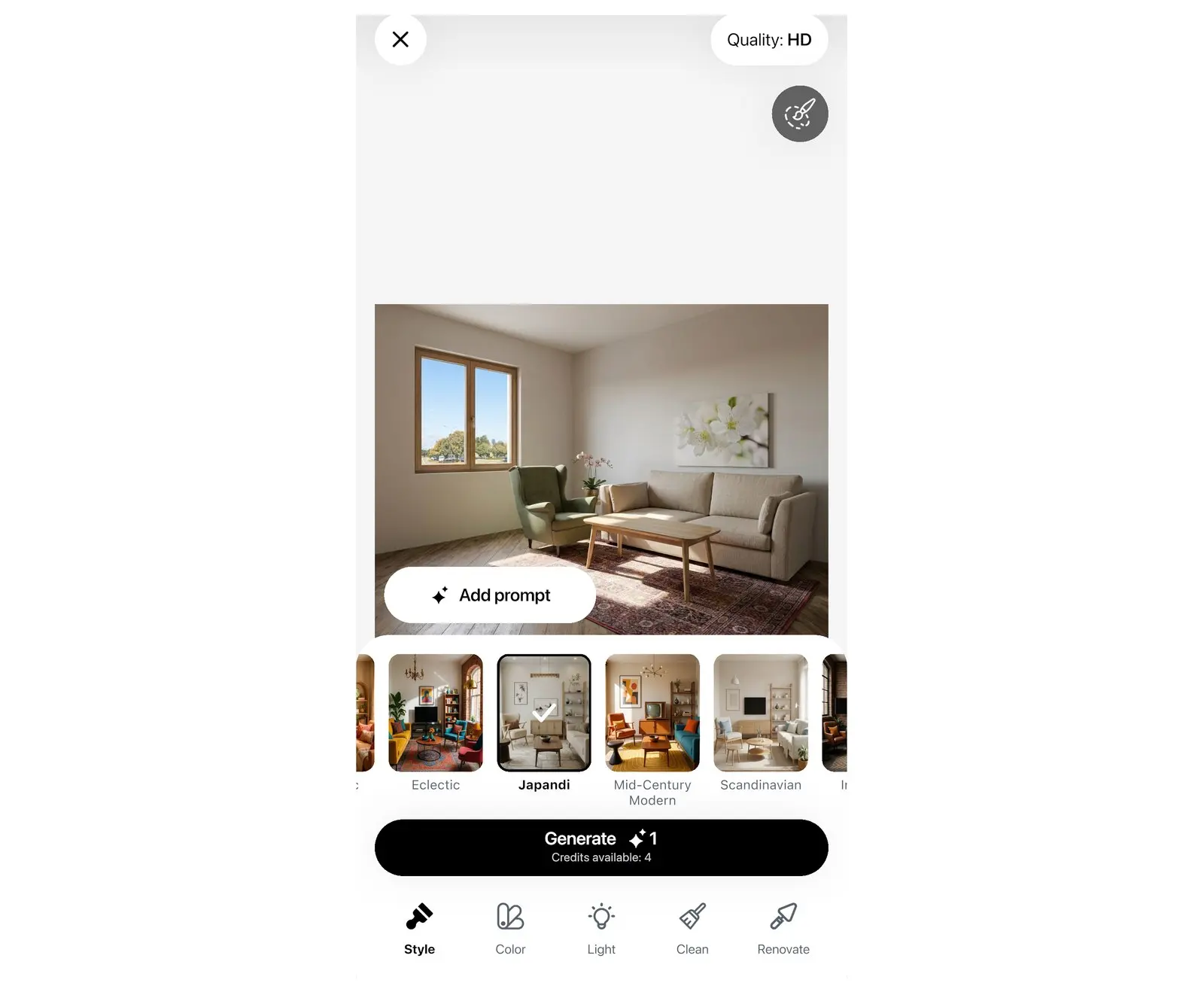 Style panel in Home Planner AI Redesign with interior style tiles, the Generate button and the Quality pill