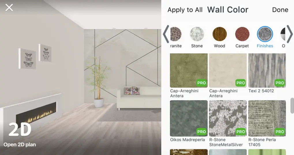 Wall Color menu in the app showing finishes and plaster textures