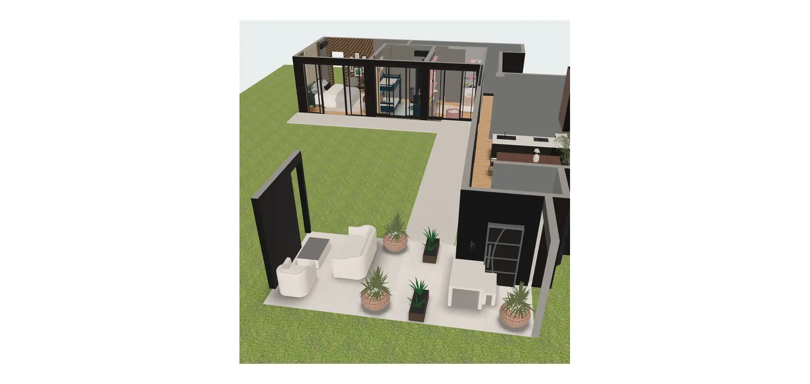 A backyard in Home Planner split into two zones: a paved terrace with outdoor furniture and a lawn