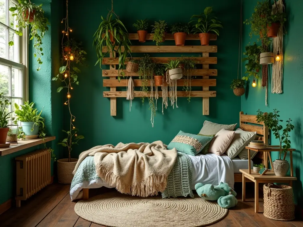 Boho teen room with an emerald wall, a pallet plant wall, hanging plants and fairy lights