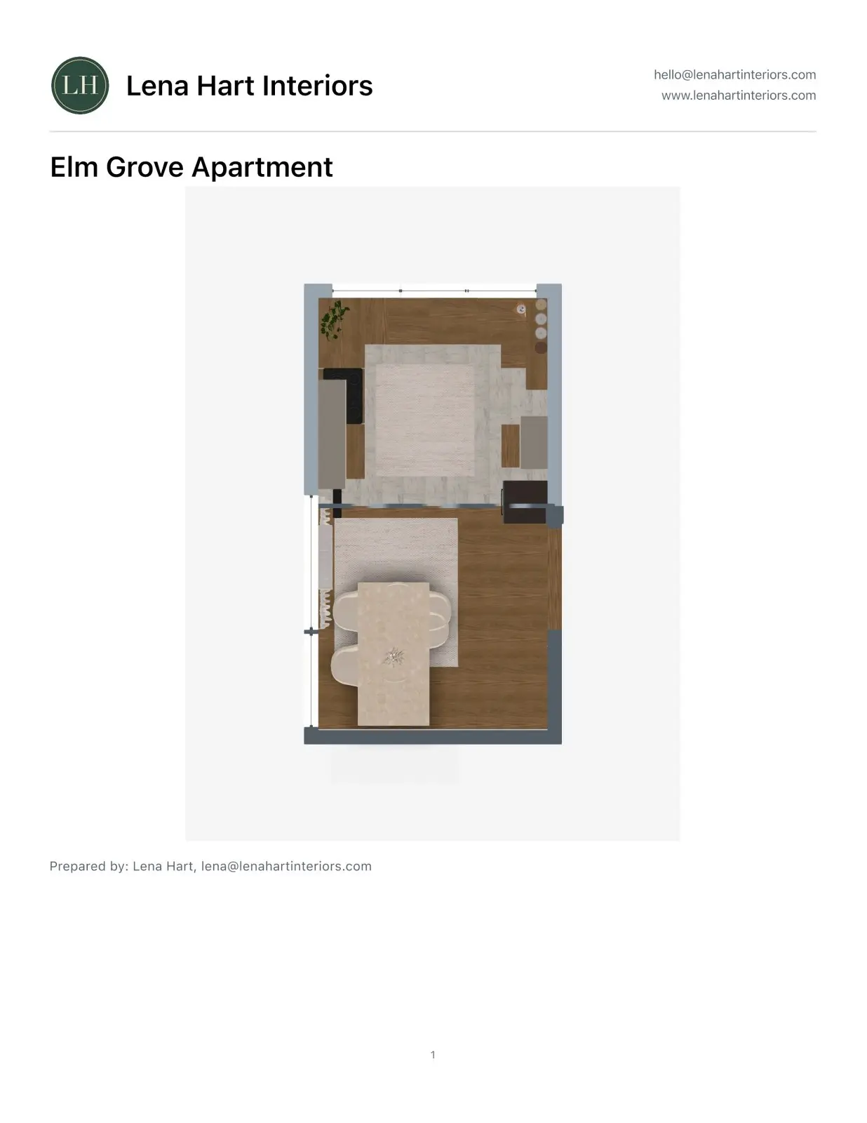 Page 1 of a Home Planner PDF report with a company letterhead: logo, company name, email and website above the floor plan, and a Prepared by line