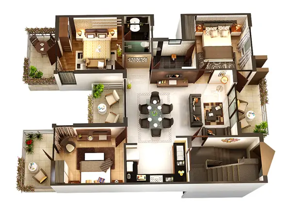 Furnished 3D floor plan of an apartment with bedrooms, dining area and balconies