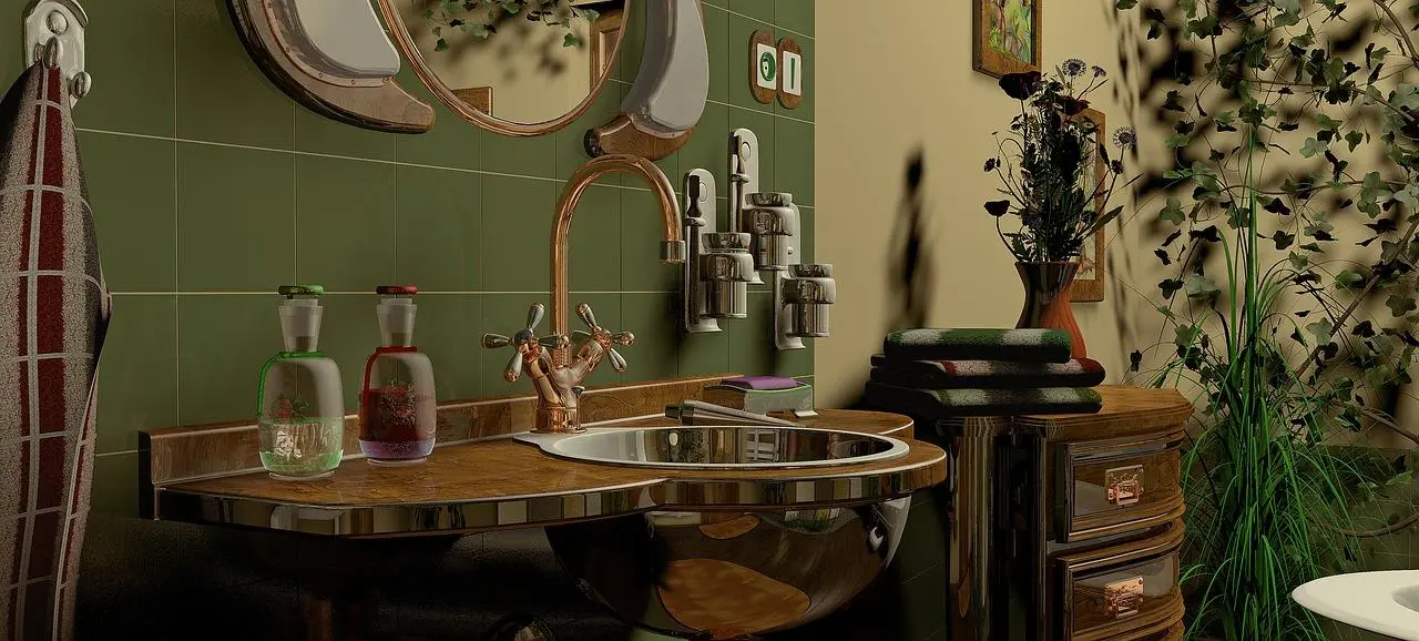 Vintage bathroom with green wall tiles, a wooden vanity and a copper faucet