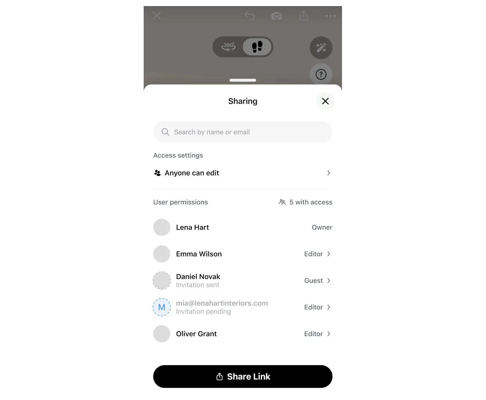 Home Planner Sharing window with the e-mail search field, the people with access and the Share Link button