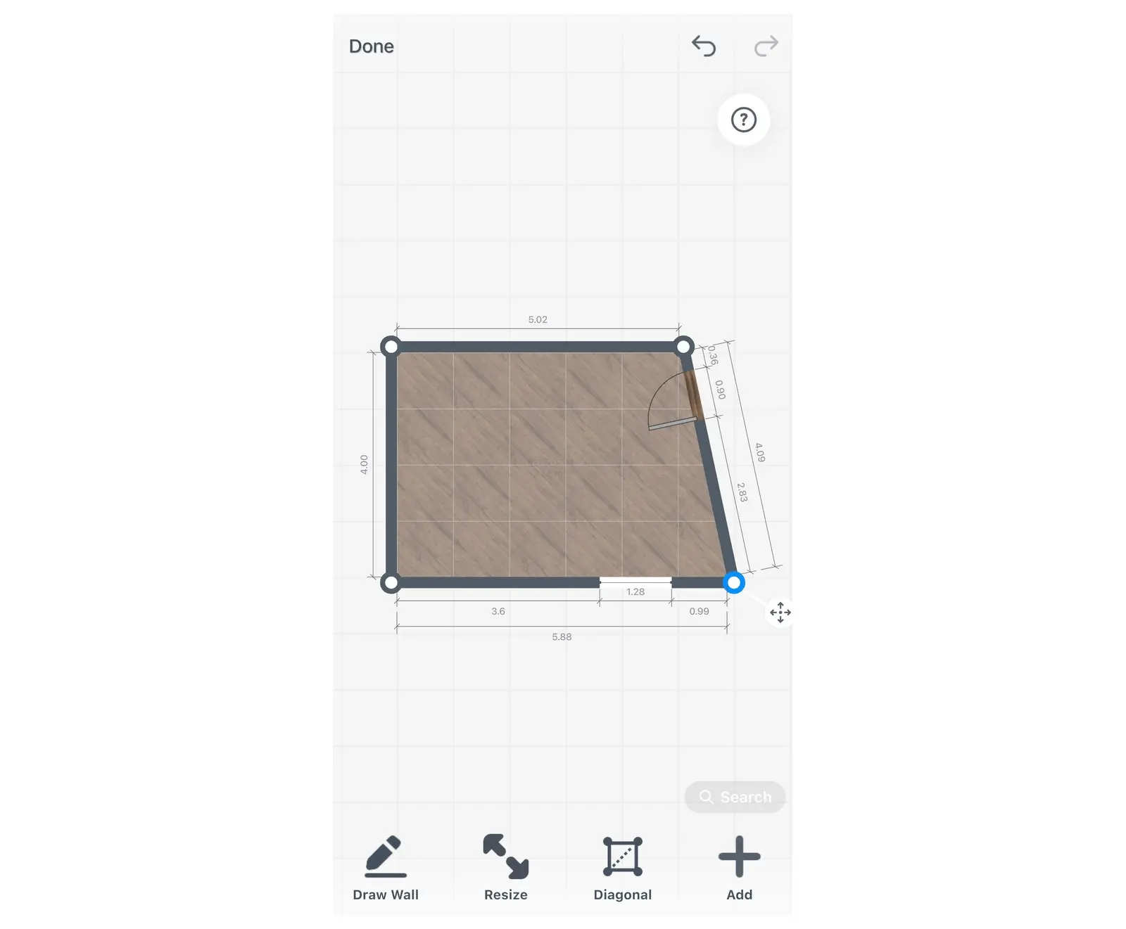 Home Planner 2D plan in Edit Walls with a room corner dragged out, so one wall runs at an angle, and the new wall lengths on the plan
