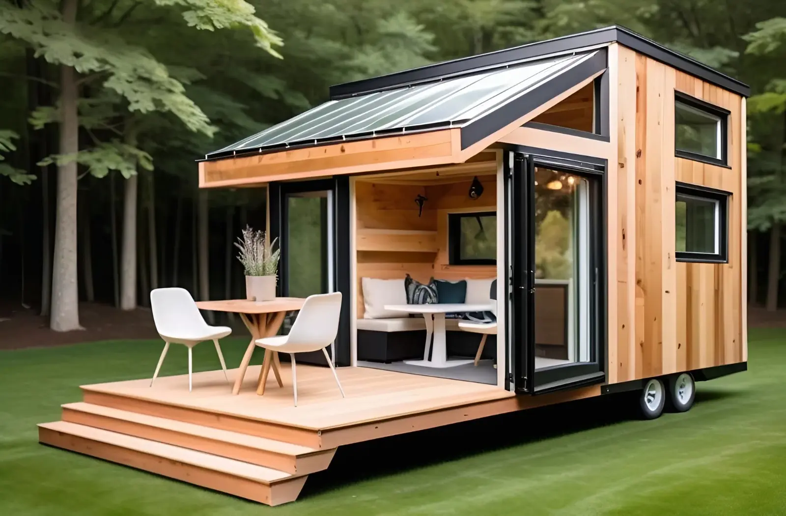 Casa pequeña de madera sobre ruedas con puerta de vidrio abierta y una terraza pequeña