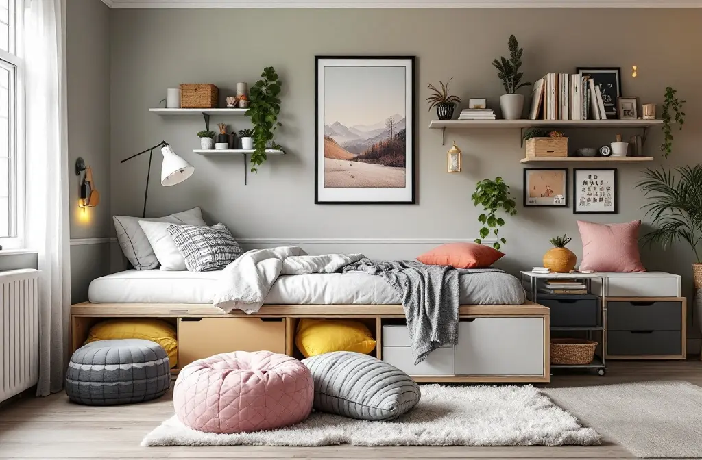 Teen room with a storage daybed, floor cushions, wall shelves and a framed poster