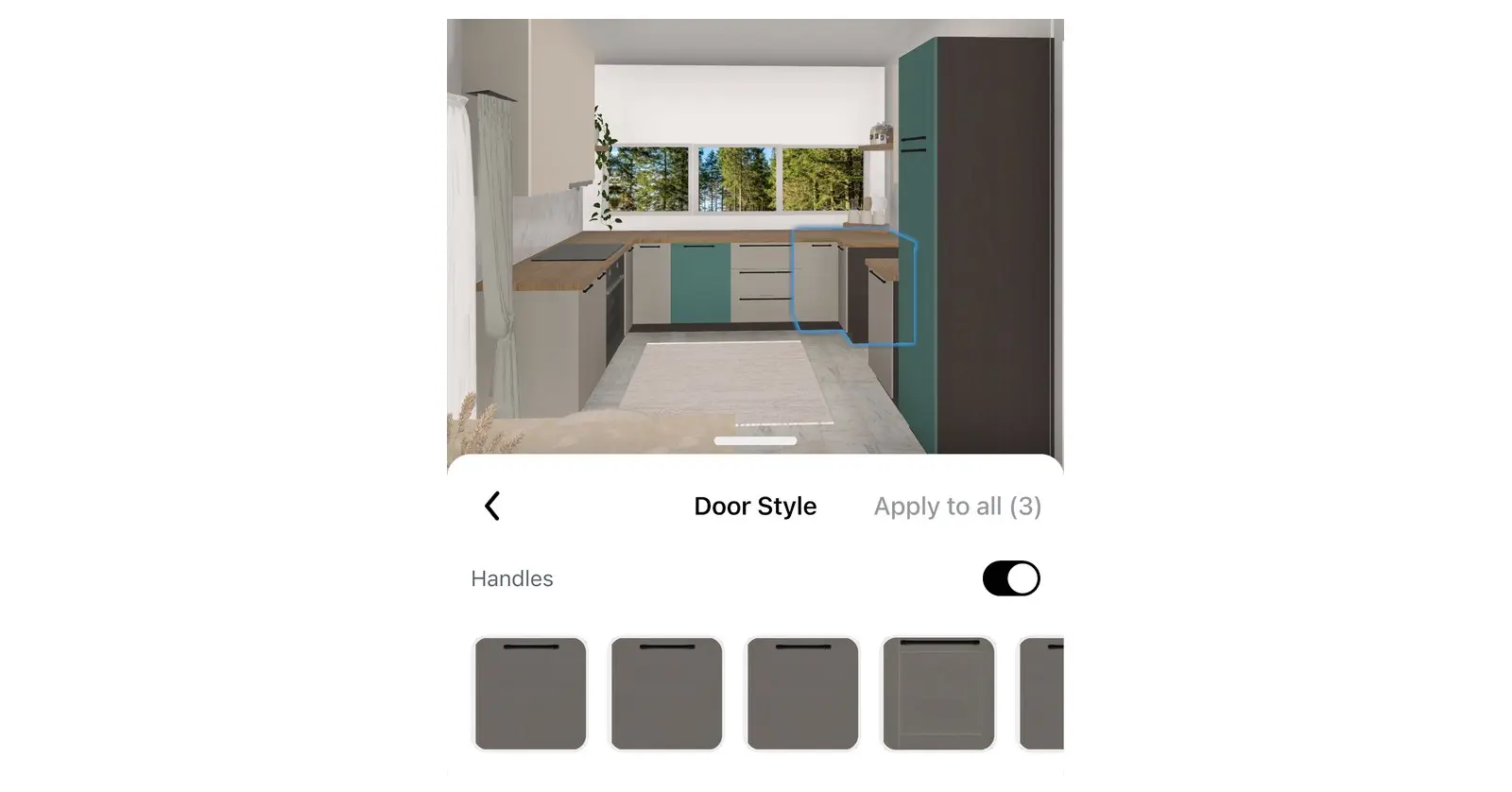 Door Style window for kitchen cabinets in Home Planner with the Handles switch and door front tiles