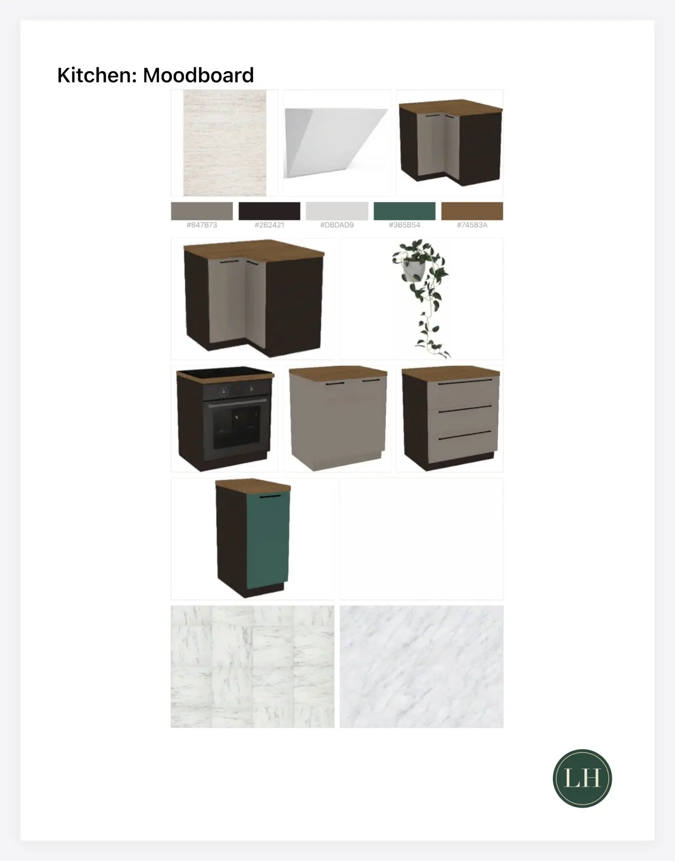 Kitchen mood board page of a Home Planner client PDF: a collage of the kitchen cabinets, materials and plant with the color palette and the designer logo