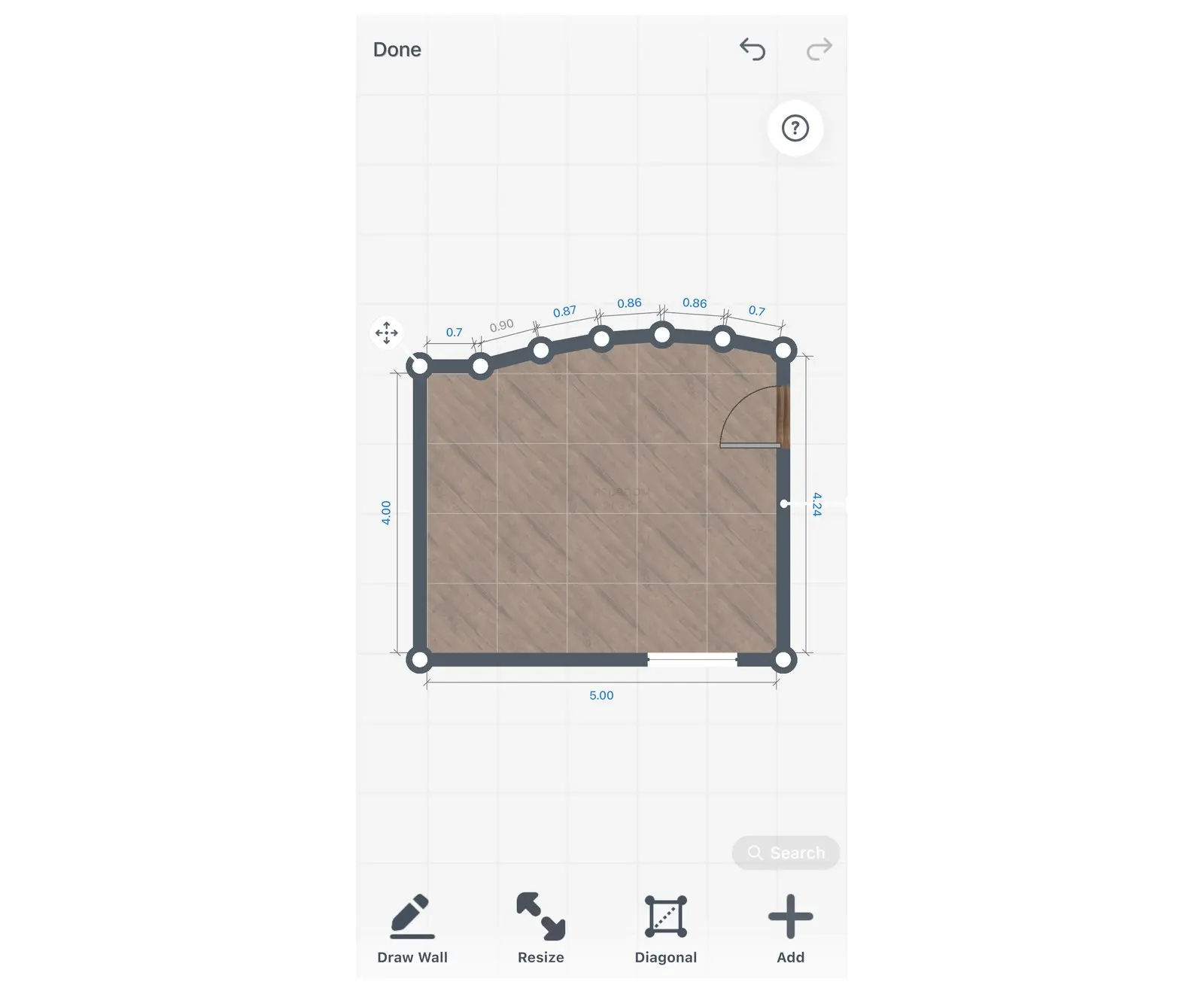 Piano 2D di Home Planner con una parete curva creata da sei pareti dritte corte e le rispettive lunghezze