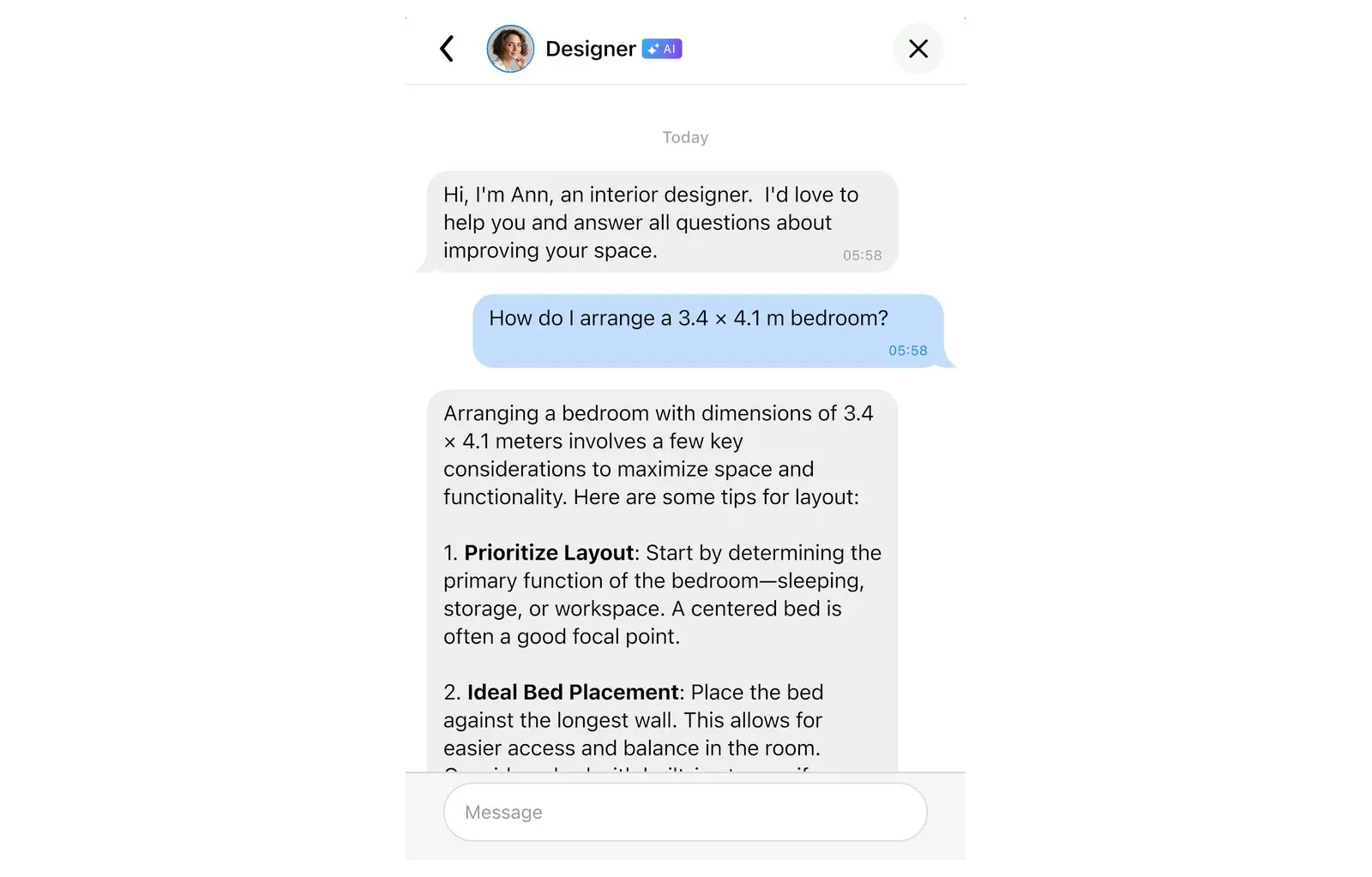 Chat with the AI interior designer Ann in Home Planner: a question about a bedroom layout and her answer