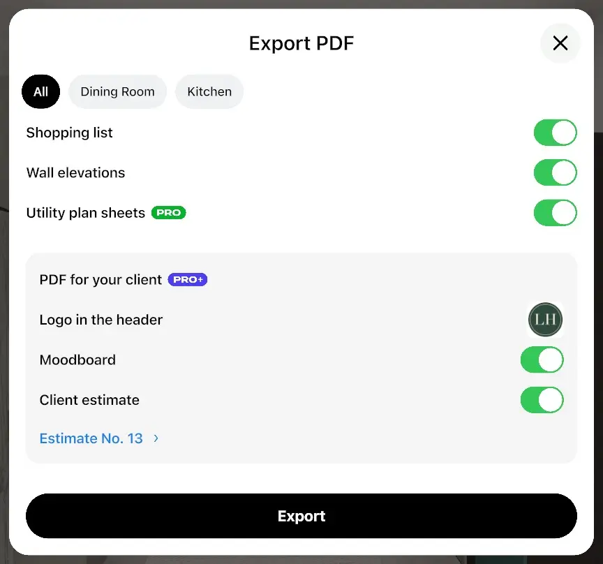 Export PDF window in Home Planner on desktop with room tabs, the Shopping list, Wall elevations and Utility plan sheets rows, the PDF for your client block and the Export button