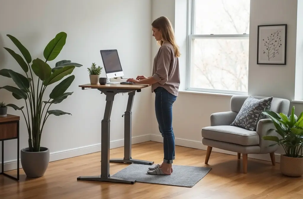 Woman working at a standing desk in a home office with large plants