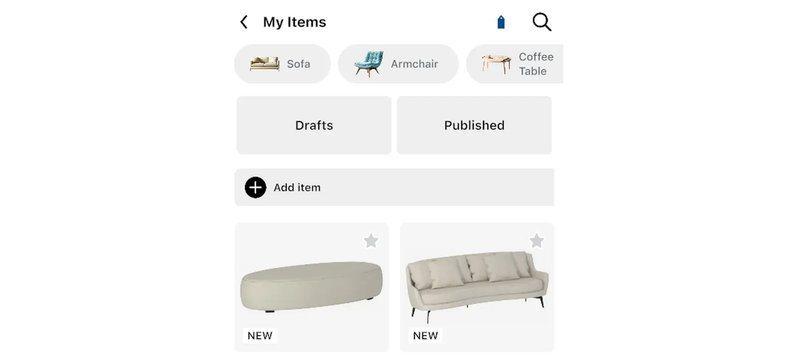 My Items in the Home Planner catalog with the Add item card and two imported 3D models