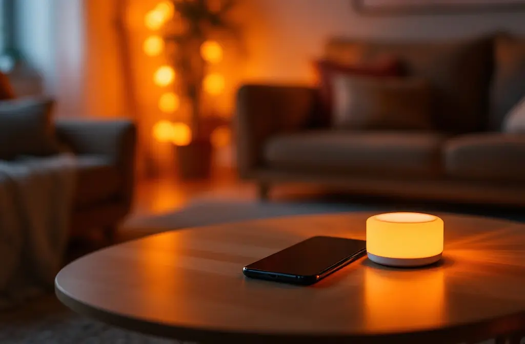 Leuchtende smarte Lampe und ein Smartphone auf einem hölzernen Couchtisch in einem gemütlichen Wohnzimmer