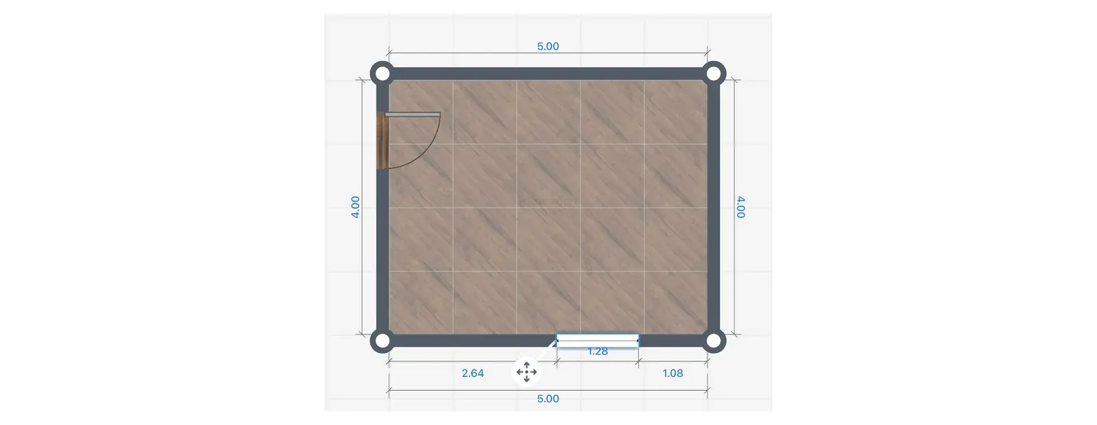 Home Planner 2D plan with a window selected, its distances to both corners and its width
