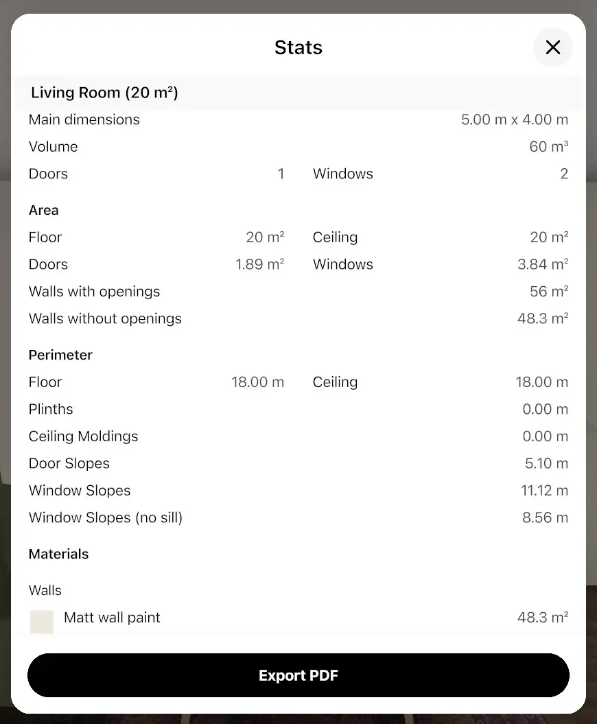 Stats window in Home Planner for the Living Room with its main dimensions and area rows