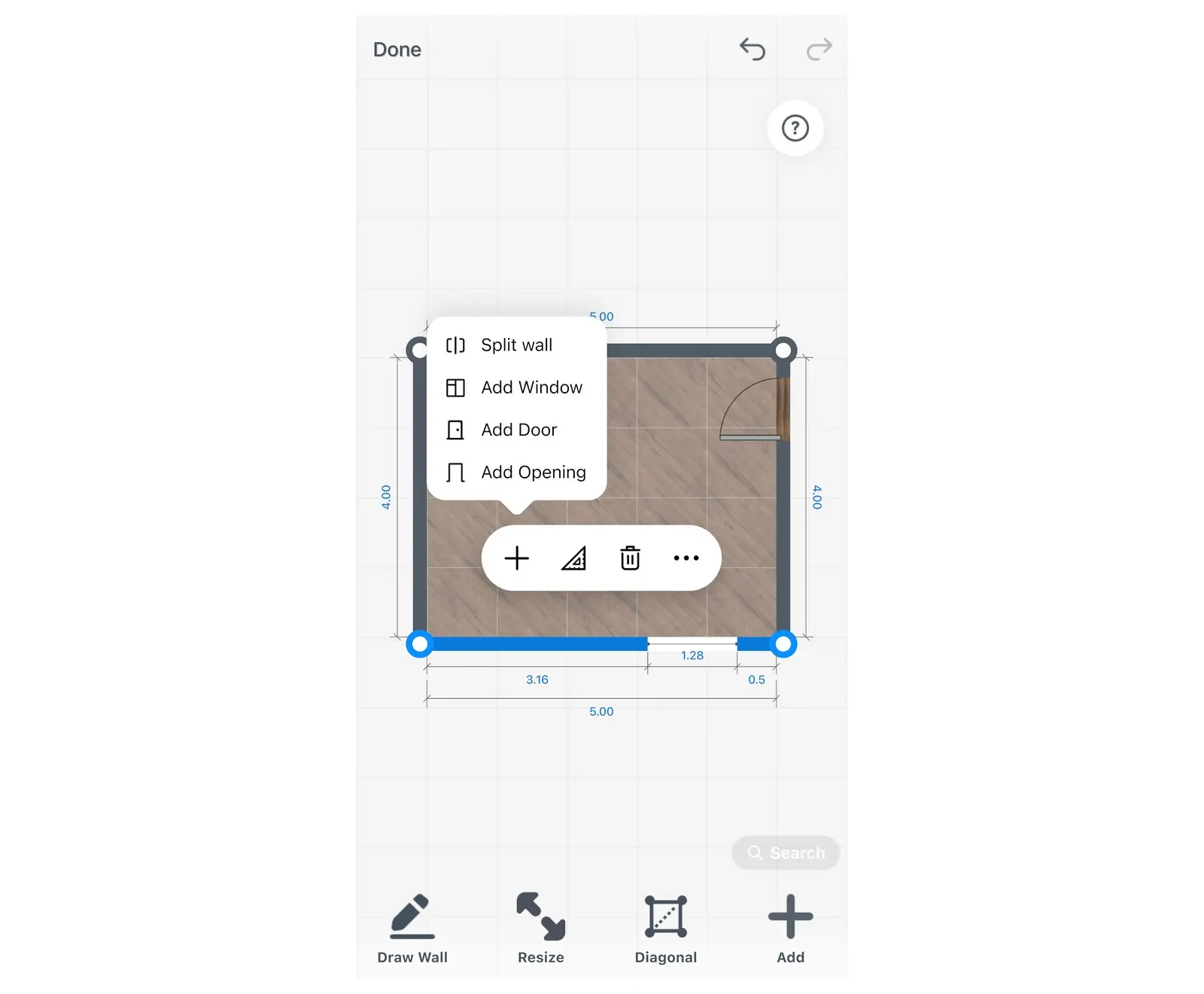 Modifica pareti di Home Planner con la parete inferiore selezionata e il menu dell'icona più aperto: Dividi parete, Aggiungi finestra, Aggiungi porta, Aggiungi apertura