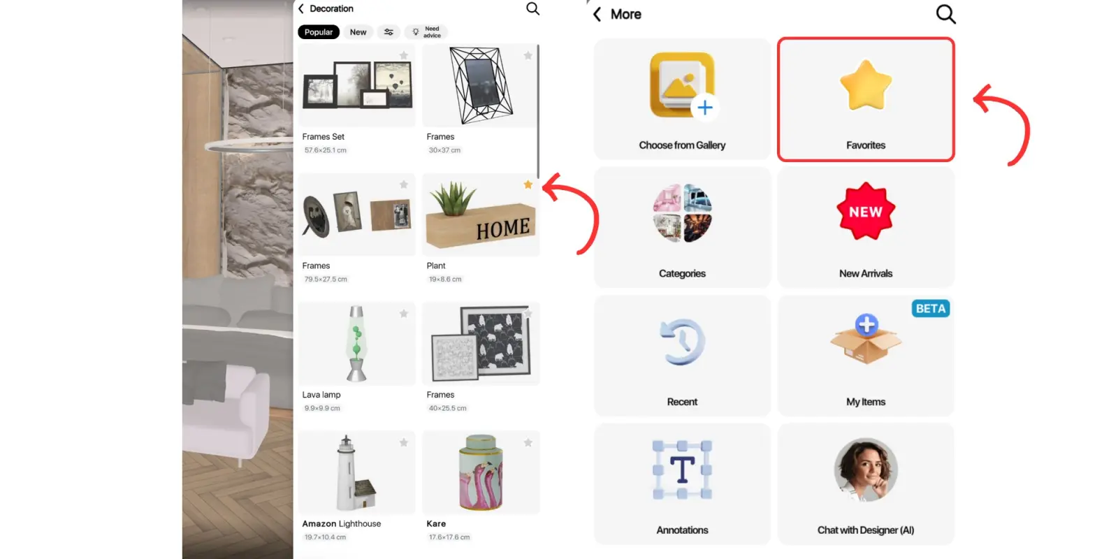 Star icon on a catalog item and the Favorites button in the More menu