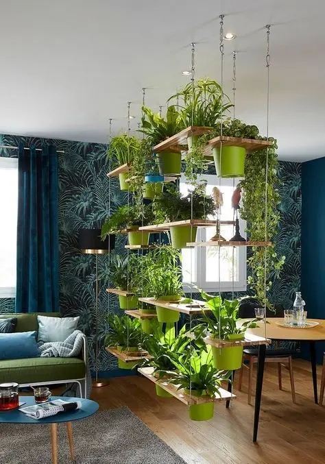 Hanging shelves of potted green plants used as a room divider in a teal room