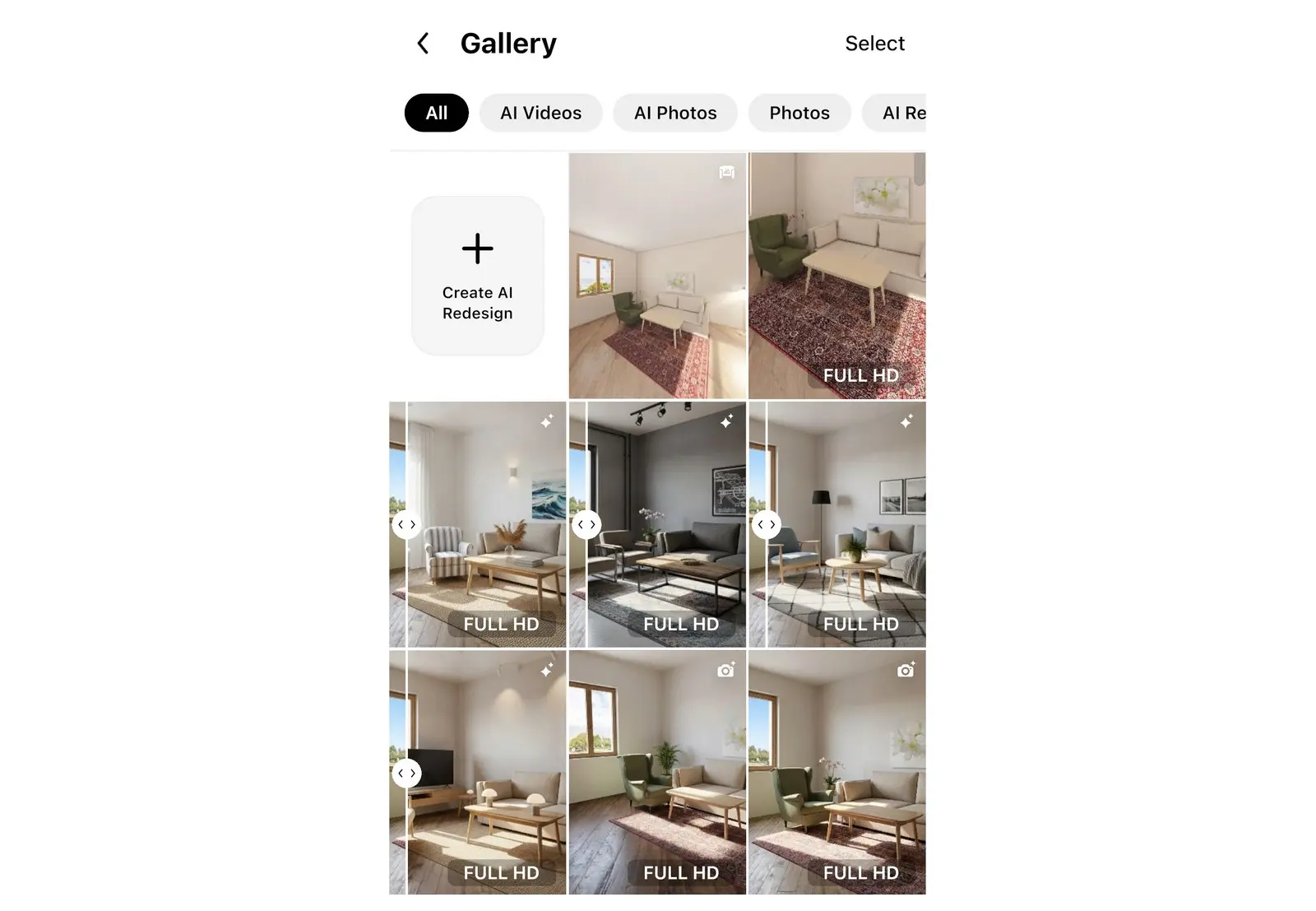 Gallery screen of My Photos in Home Planner with a 360° photo and a Full HD photo of the same living room