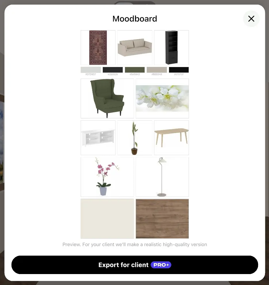 Moodboard window in Home Planner: a collage of the living room furniture and decor, a palette of 5 colors with HEX codes and the Export for client button