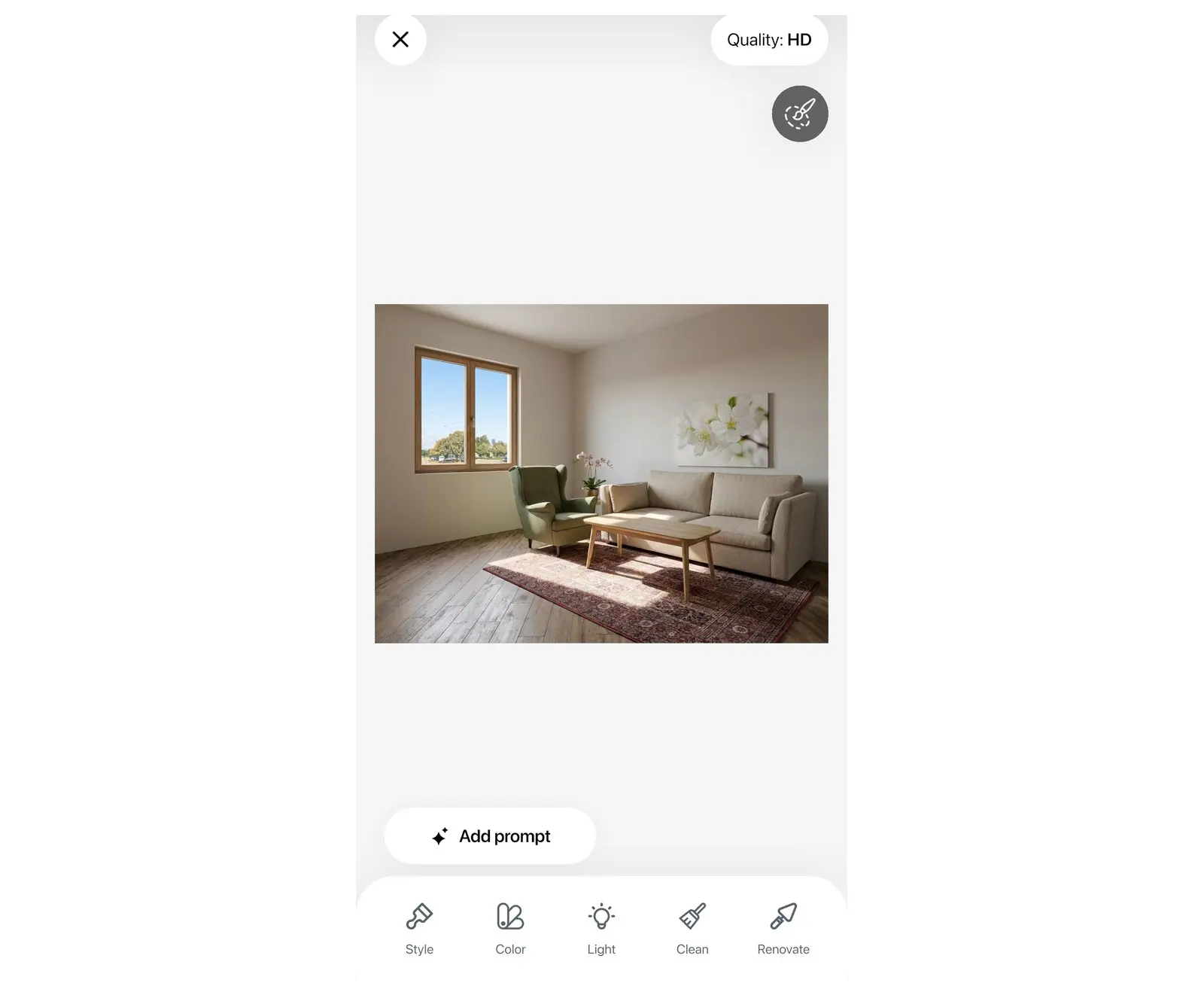 Home Planner AI Redesign editor with a photo of a living room and the Style, Color, Light, Clean and Renovate tools