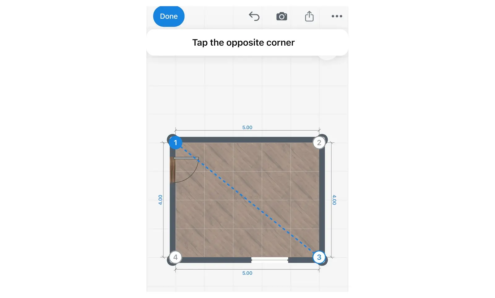 Home Planner 2D plan with numbered corners and a dashed diagonal between corner 1 and corner 3