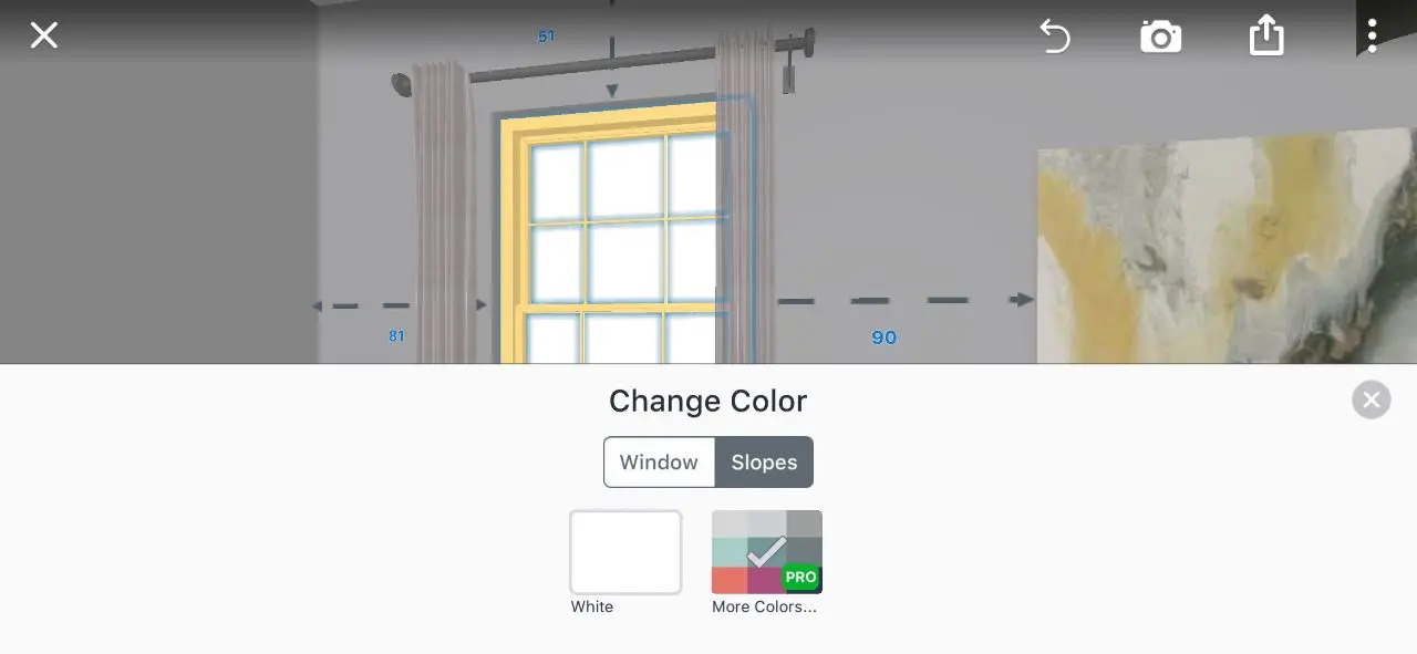 Home Planner Change Color panel with the Slopes tab for a window