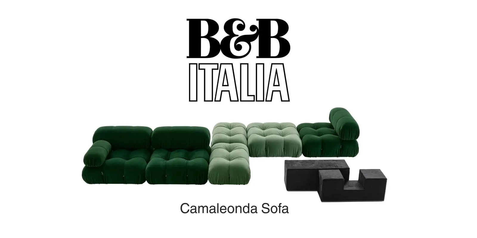 B&B Italia logo above the green modular Camaleonda sofa