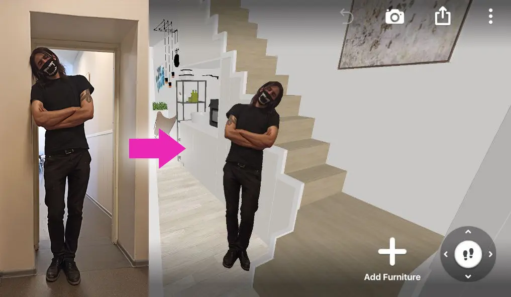A photo of a man turned into a 2D cut out and placed in a 3D room