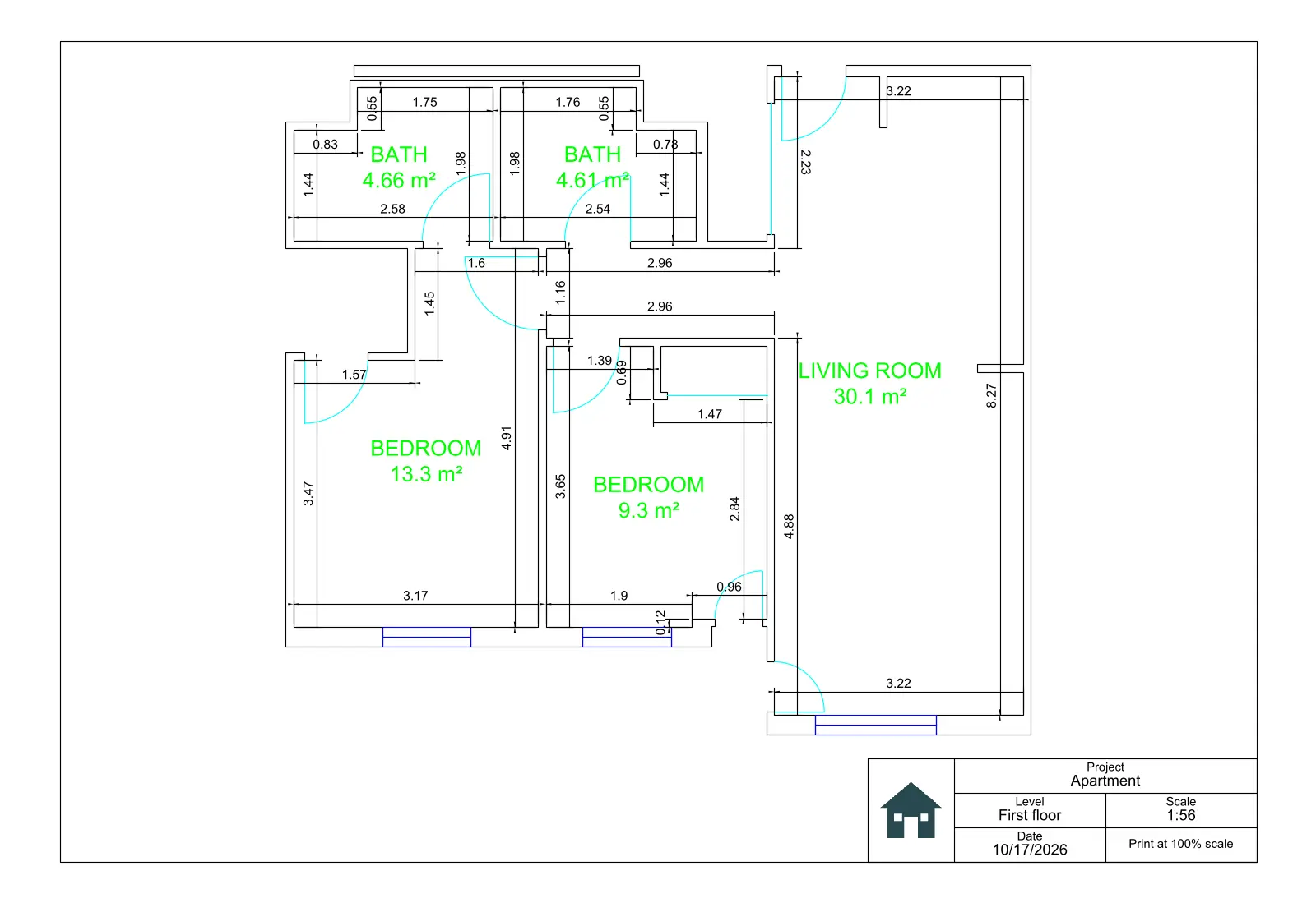 Floor plan exported from Home Planner and opened in a CAD app, with walls, doors, windows and dimensions on separate layers