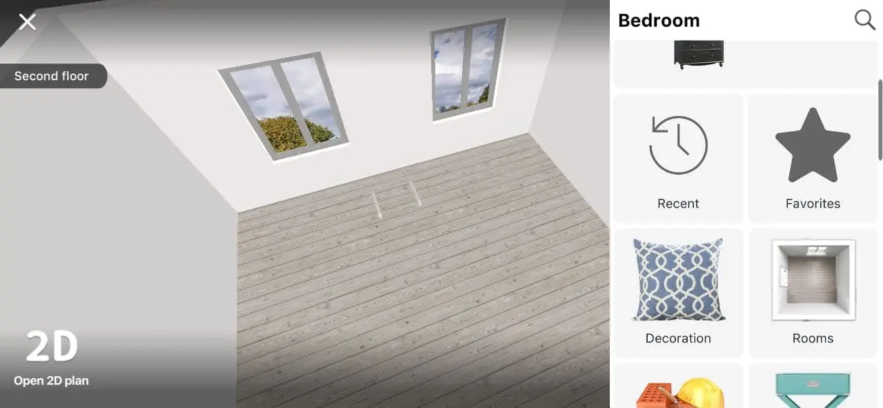3D room view with the catalog panel showing the Favorites section