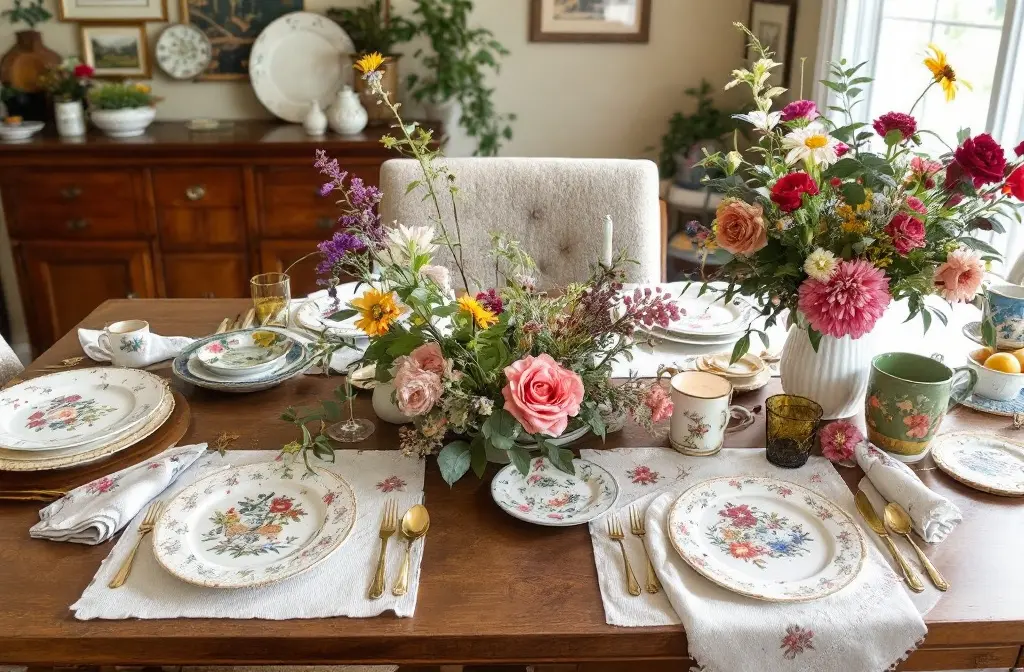 Dining table set with floral china, embroidered napkins and mixed flower bouquets
