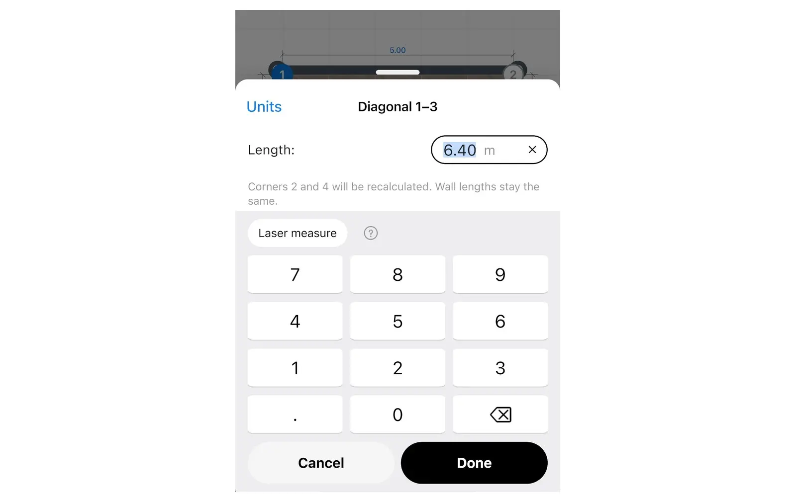 Home Planner diagonal keypad between two numbered corners of a room