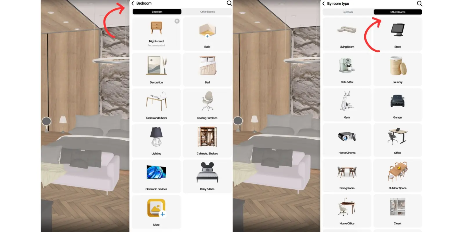 Home Planner catalog showing bedroom categories and the Other Rooms tab