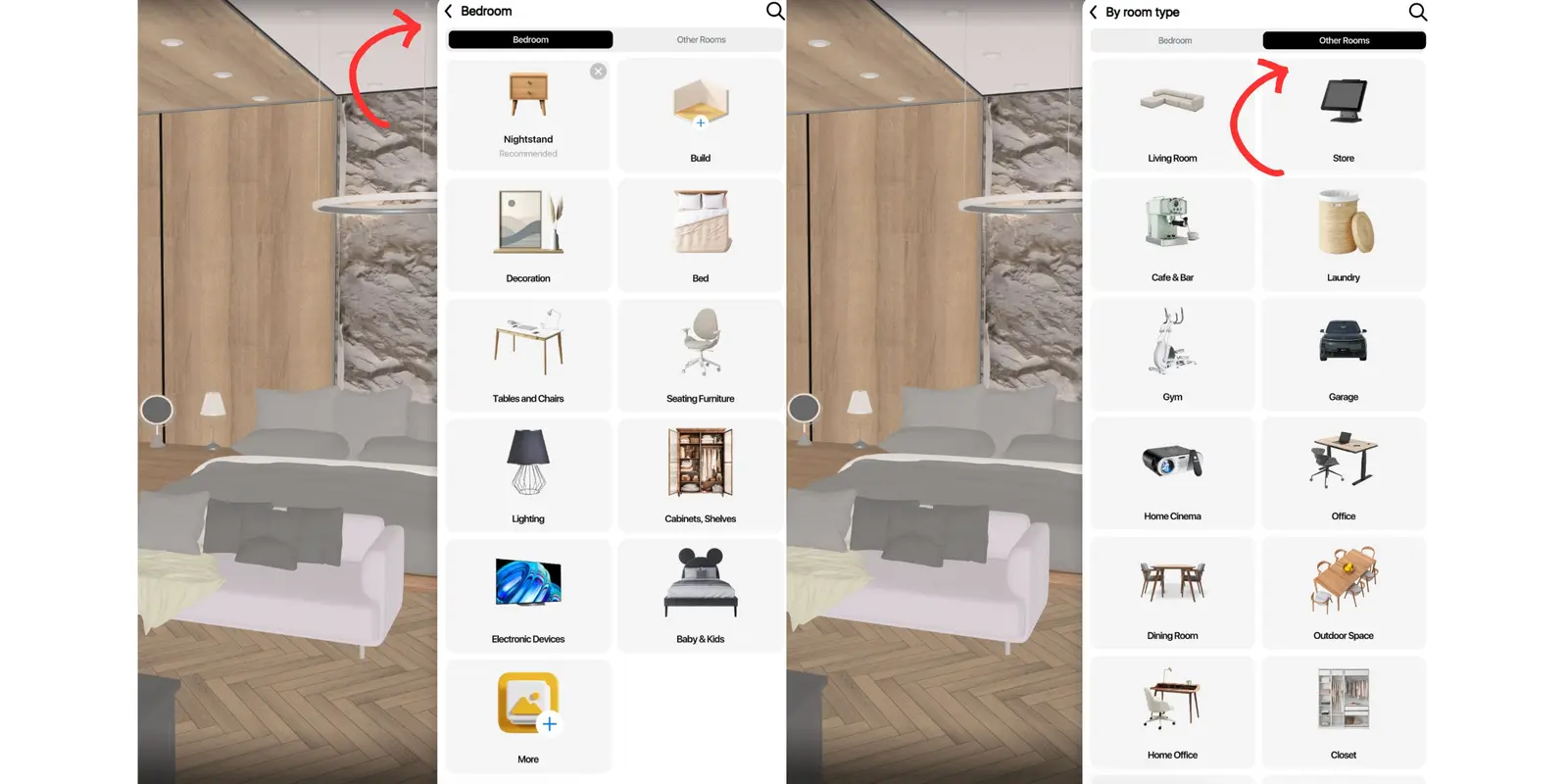 Home Planner catalog showing bedroom categories and the Other Rooms tab