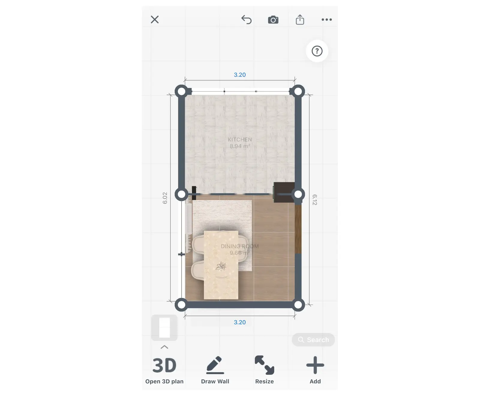 Empty kitchen room in the Home Planner 2D plan with wall lengths, a door and a window