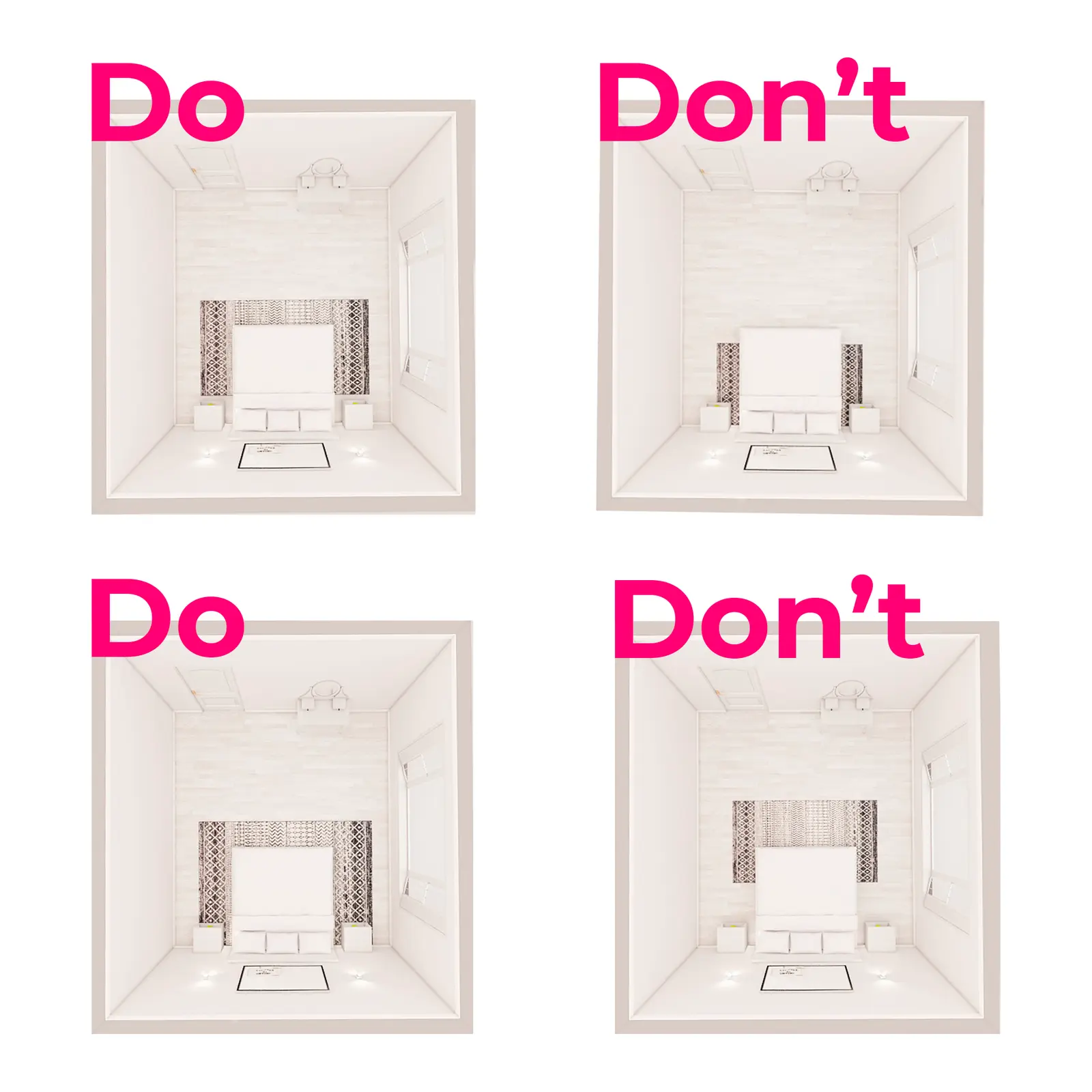 Do and don't top views of bedroom rug sizes and positions around a double bed