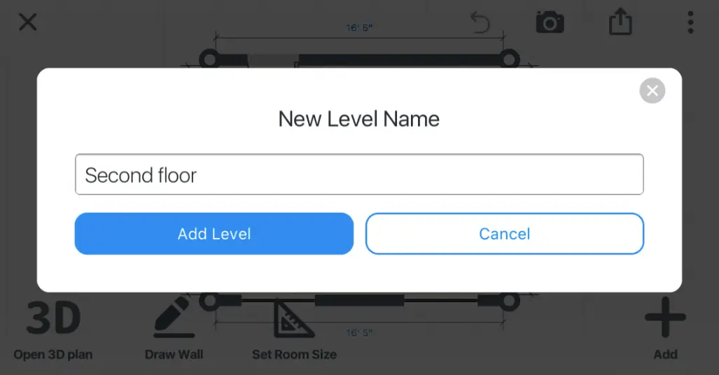 New Level Name dialog with Second floor typed in and an Add Level button