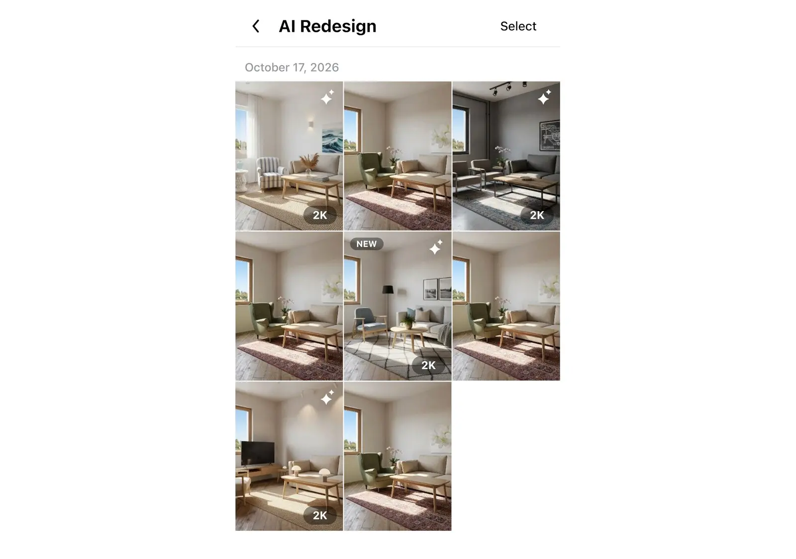 AI Redesign gallery in Home Planner with several versions of one room