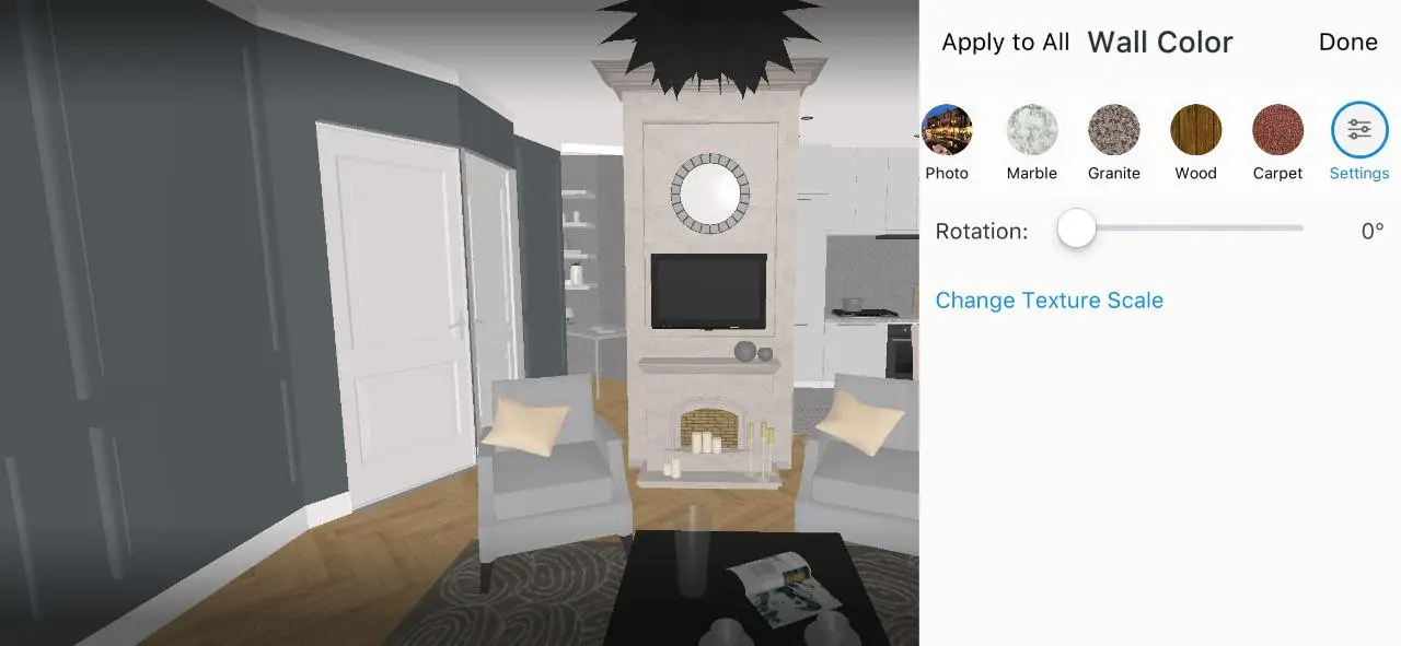 Texture rotation slider in the wall colour settings of the app