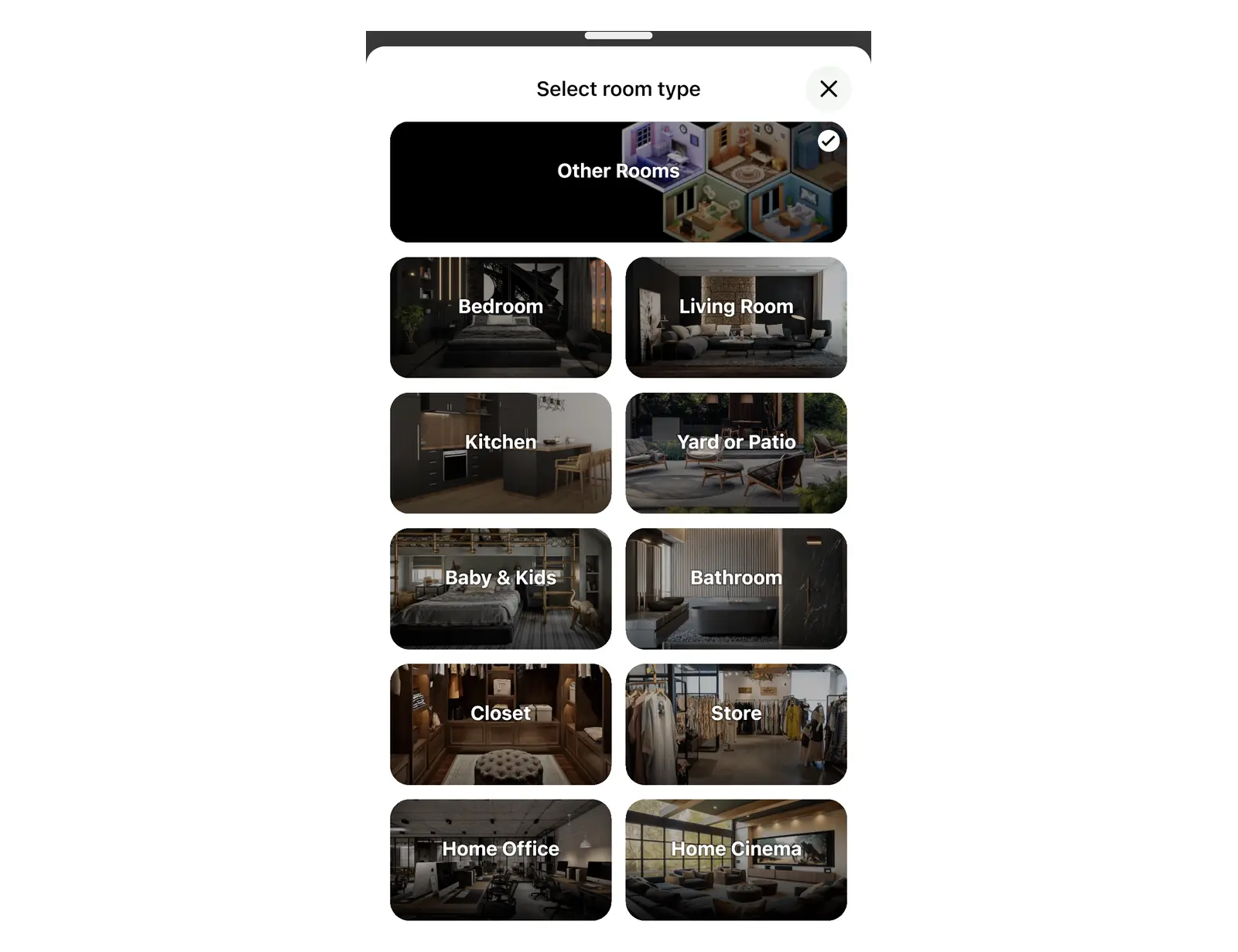 The Select room type grid in Home Planner with Yard or Patio