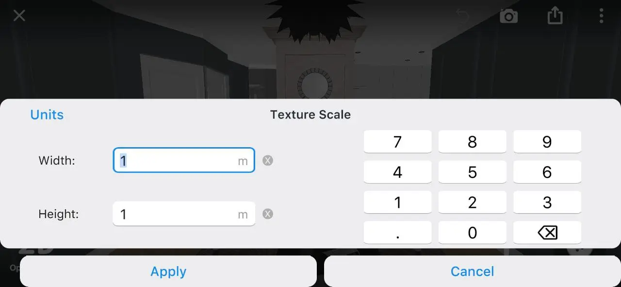 Texture Scale dialog with width and height fields and a number pad