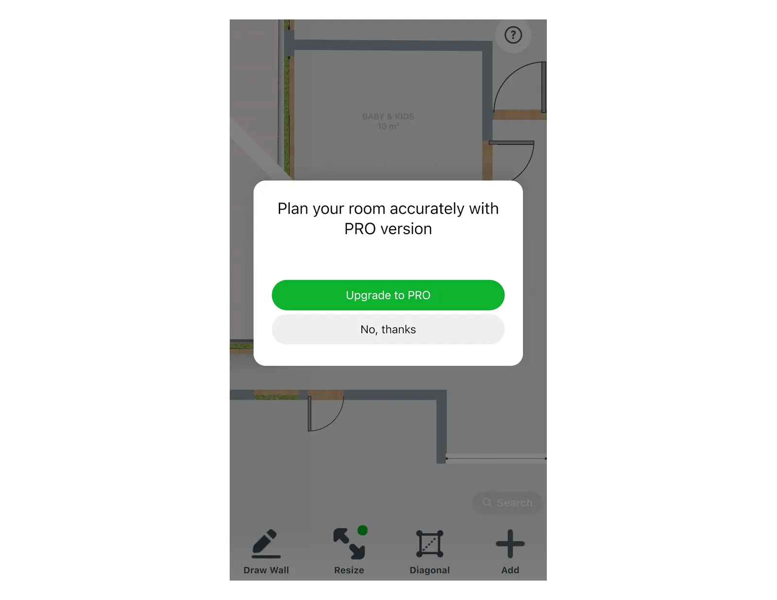 Home Planner dialog Plan your room accurately with PRO version, with Upgrade to PRO and No, thanks