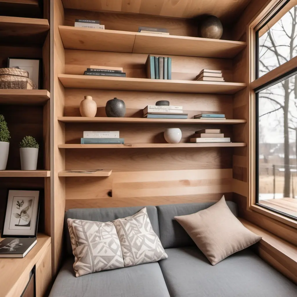 Estantes de madera integrados a la pared con libros y floreros sobre un sofá gris