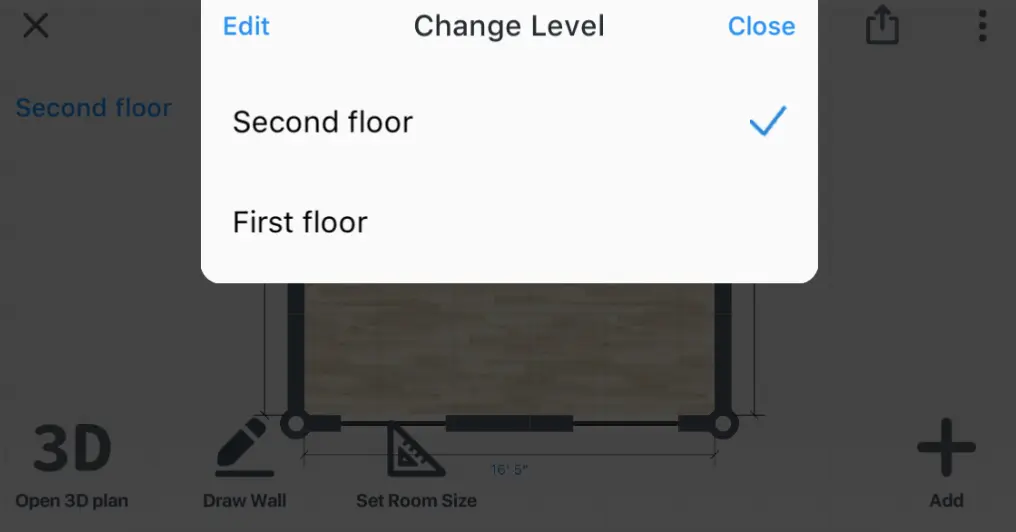 Change Level menu listing Second floor and First floor over the plan
