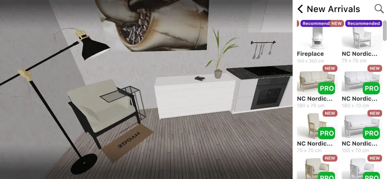 Home Planner New Arrivals list with armchairs and a fireplace next to a 3D room